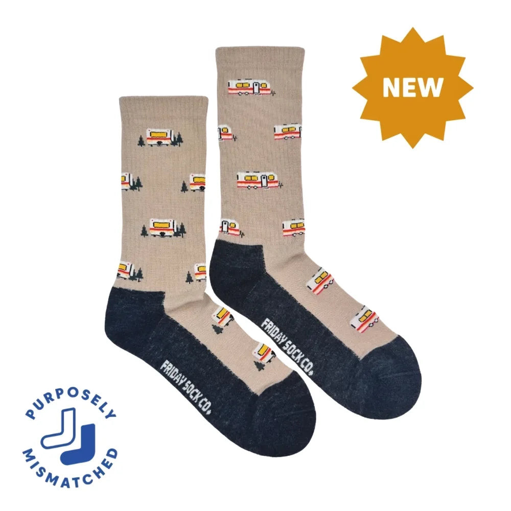 Men’s classic camper merino wool socks in beige and navy with vintage camper trailer pattern warm breathable wool socks