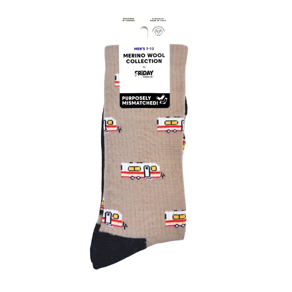 Men’s classic camper merino wool socks in beige with pixelated rv pattern and black toe cap warm breathable wool socks