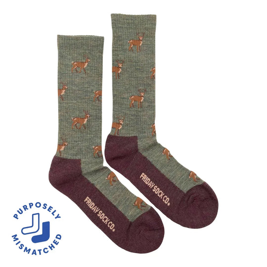 Men’s olive green and maroon merino wool socks with brown deer pattern breathable fit wool socks