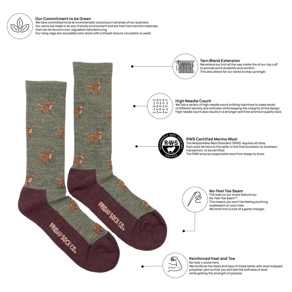 Men’s deer merino wool socks in olive green and maroon with reinforced heel and toe made from rws certified wool socks