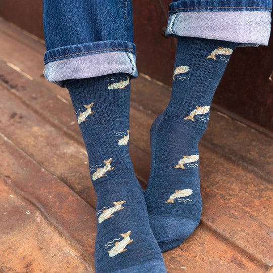 Blue merino wool socks with dolphin design and gray accents