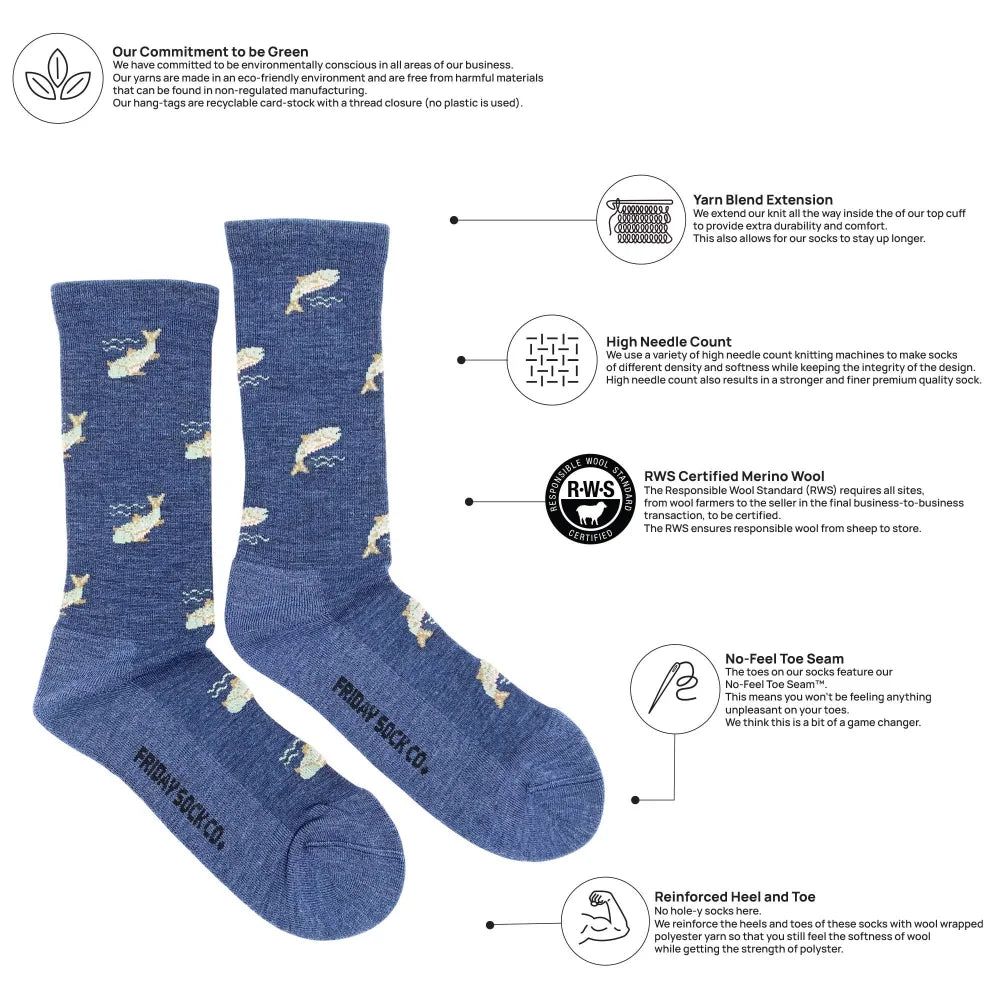 Blue fish merino wool socks with reinforced heel and toe