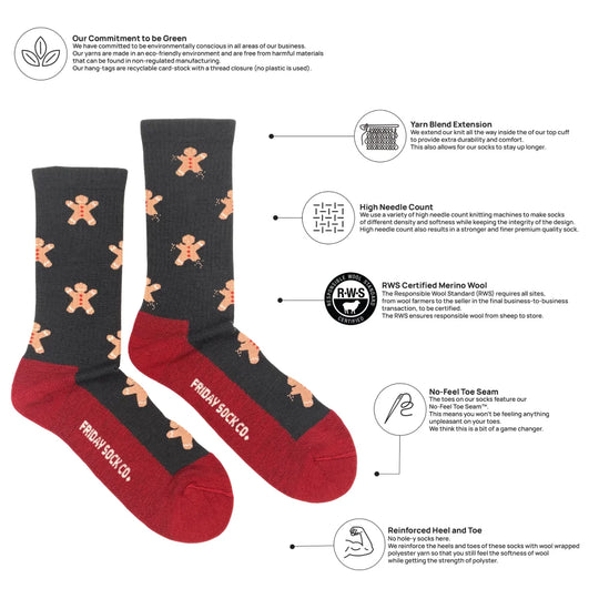 Dark gray and red men’s gingerbread bite merino wool socks with tan gingerbread men pattern by friday sock co