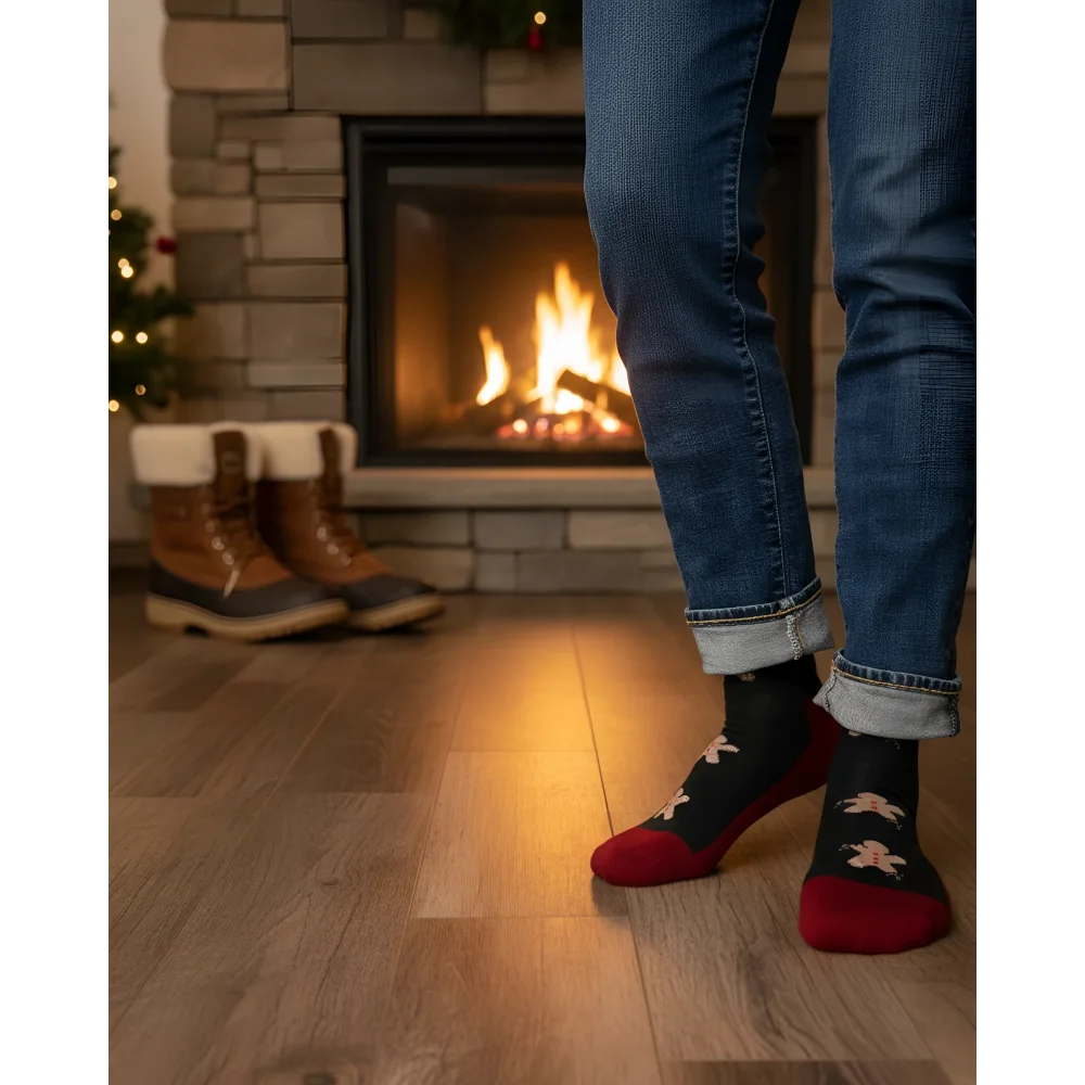 Men wearing black and red festive snowman merino wool socks with cuffed blue jeans for outdoor cozy warmth