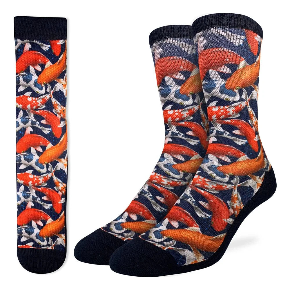 Navy blue koi fish socks by Angus Oliver, cotton blend with sheepskin rug vibe