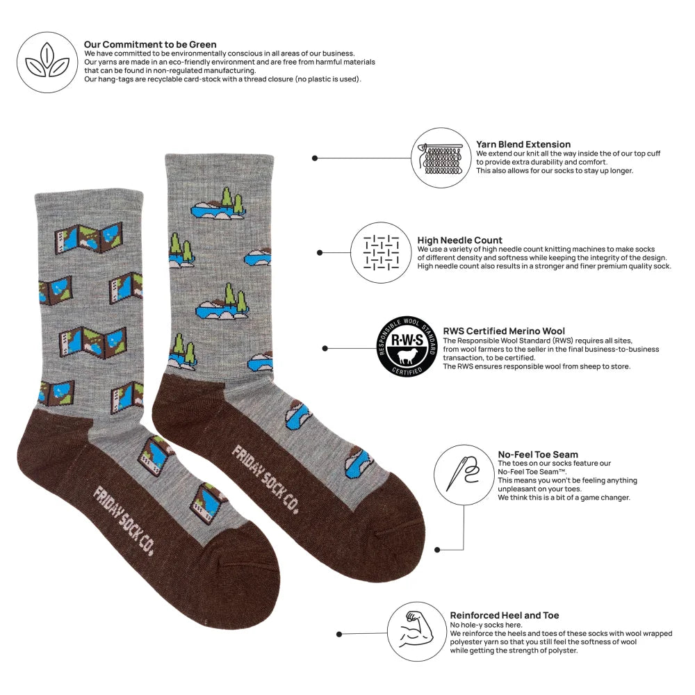 Men’s gray merino wool socks with playful blue cars green trees and yellow road signs on soft wool fabric
