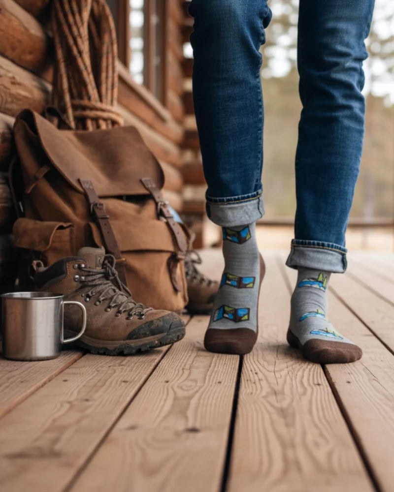 Gray mens map and outdoors merino wool socks with brown toe heel and blue green window patterns for all season use