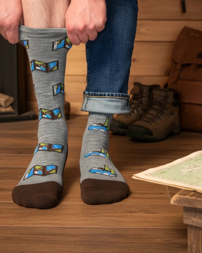 Men’s gray merino wool socks with brown toe and heel featuring printed maps and mountain scenes for outdoors use