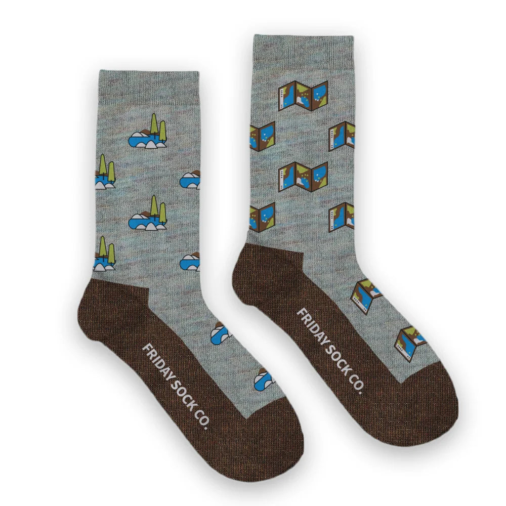 Gray and brown mens merino wool socks with playful mountains lakes and map case pattern all season soft wool socks