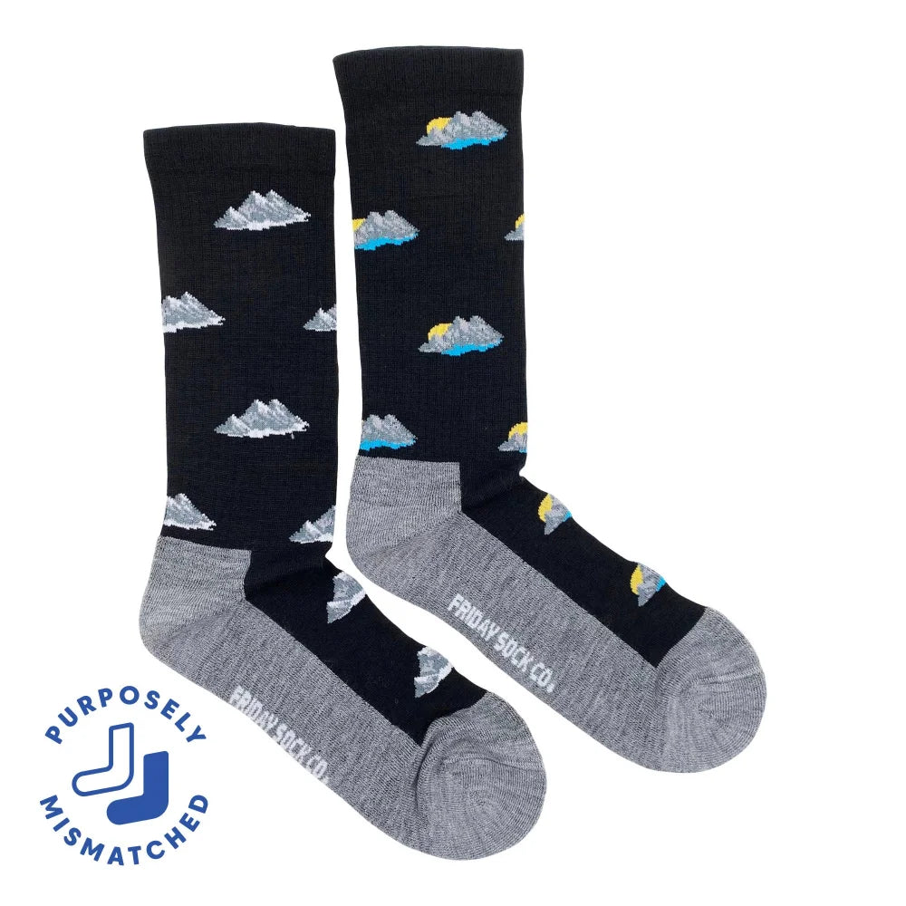 Black merino wool socks with silver and blue mountain clouds and gray heel and toe perfect for men
