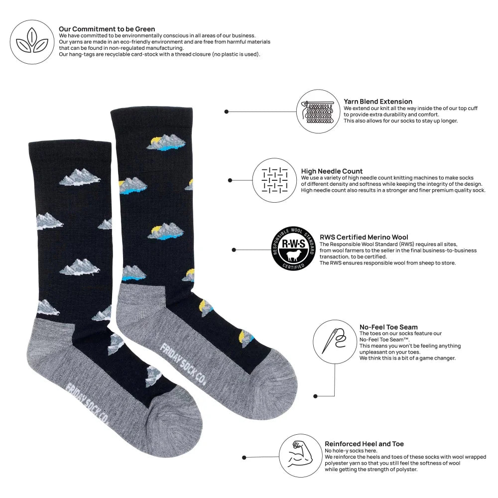 Men’s merino wool socks in black with gray toes and heels featuring white mountains and blue clouds pattern
