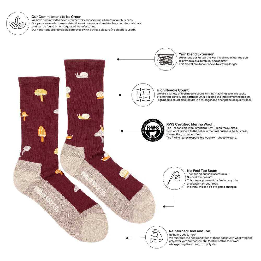Men’s maroon merino wool socks with mushroom and snail designs