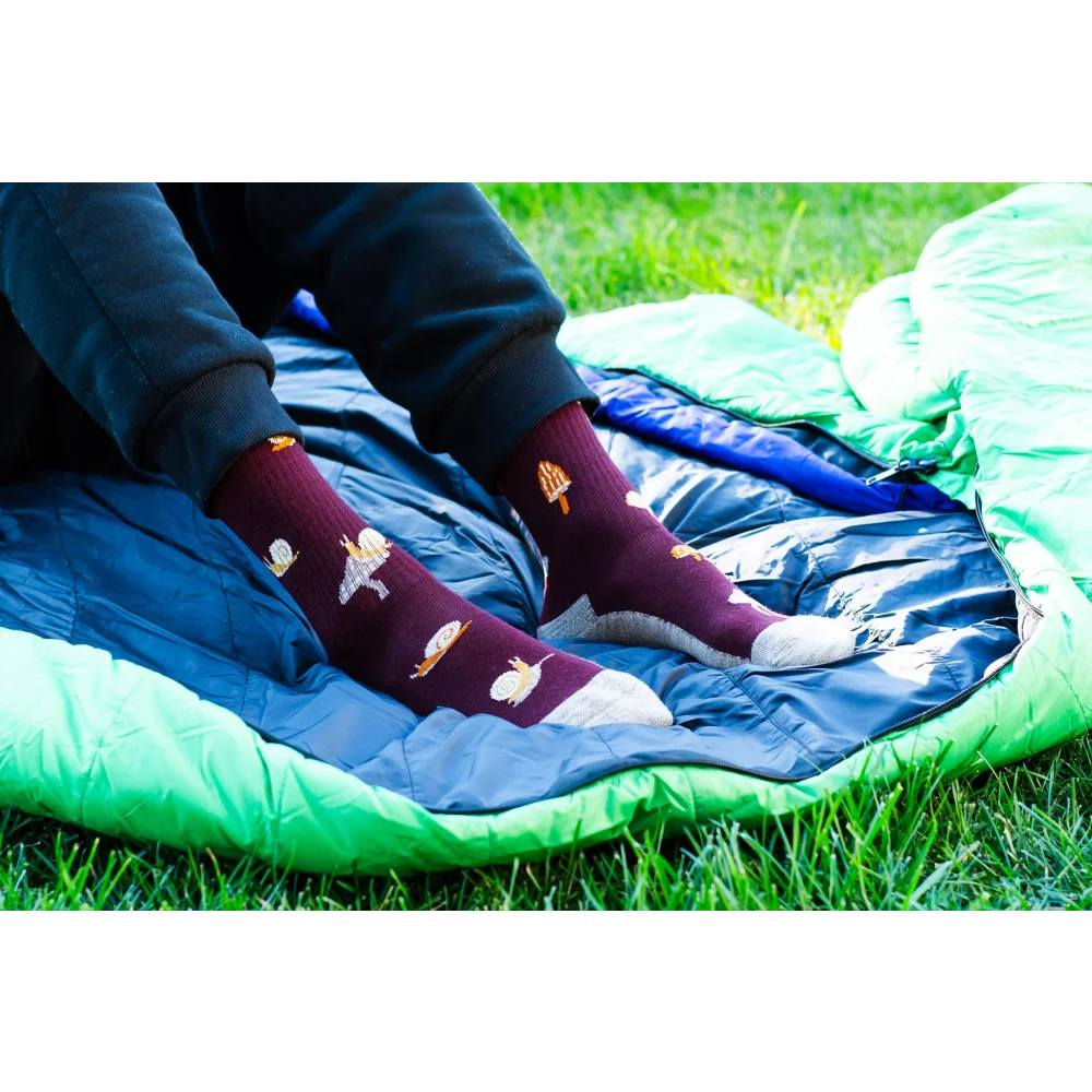 Men’s maroon merino wool socks with embroidered mushroom and space designs and white toe caps premium ethical wool socks