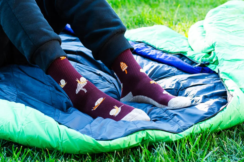 Men’s maroon merino wool socks with embroidered mushroom and space designs and white toe caps premium ethical wool socks