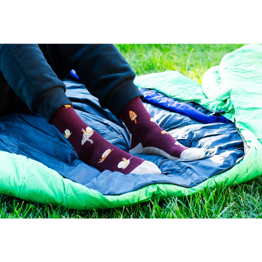 Men’s maroon merino wool socks with embroidered mushroom and space designs and white toe caps premium ethical wool socks