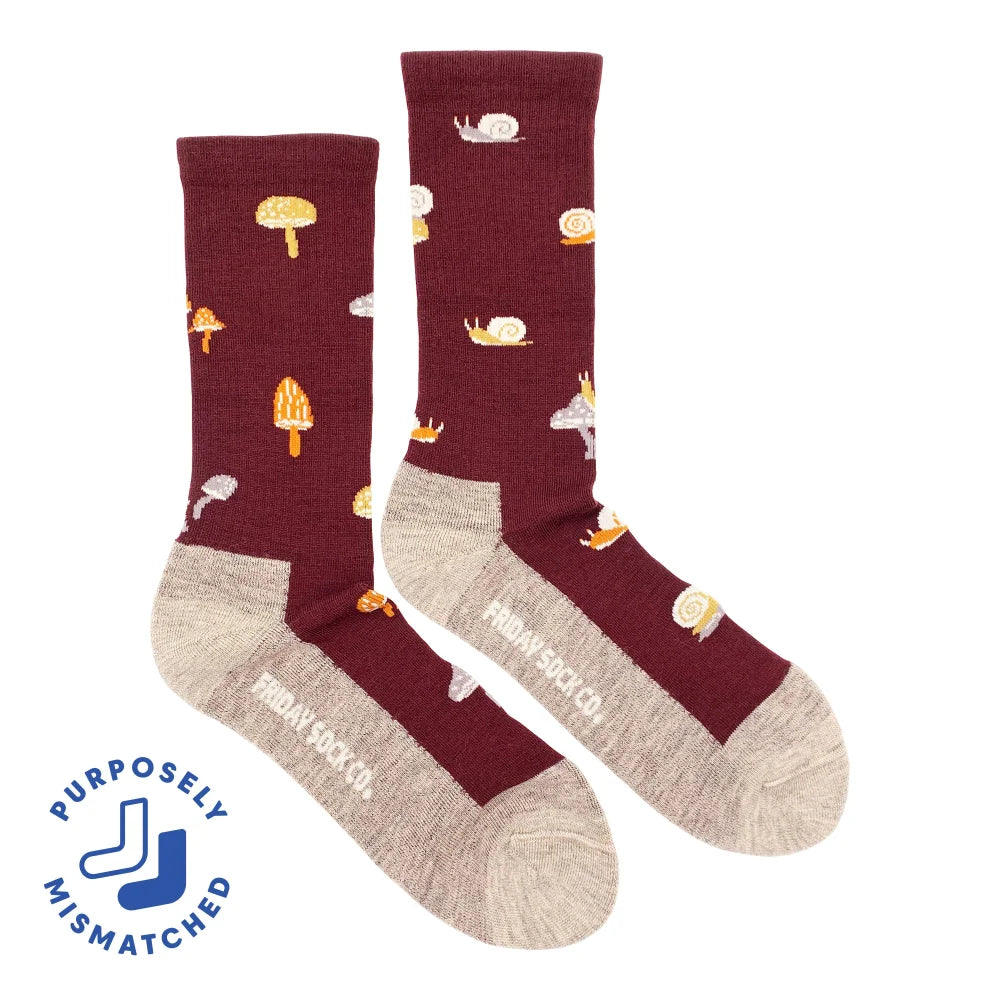 Men’s maroon merino wool socks with yellow mushrooms white snails and beige reinforced soles and heel tabs