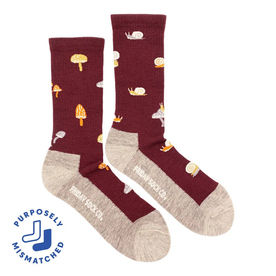 Men’s maroon merino wool socks with yellow mushrooms white snails and beige reinforced soles and heel tabs