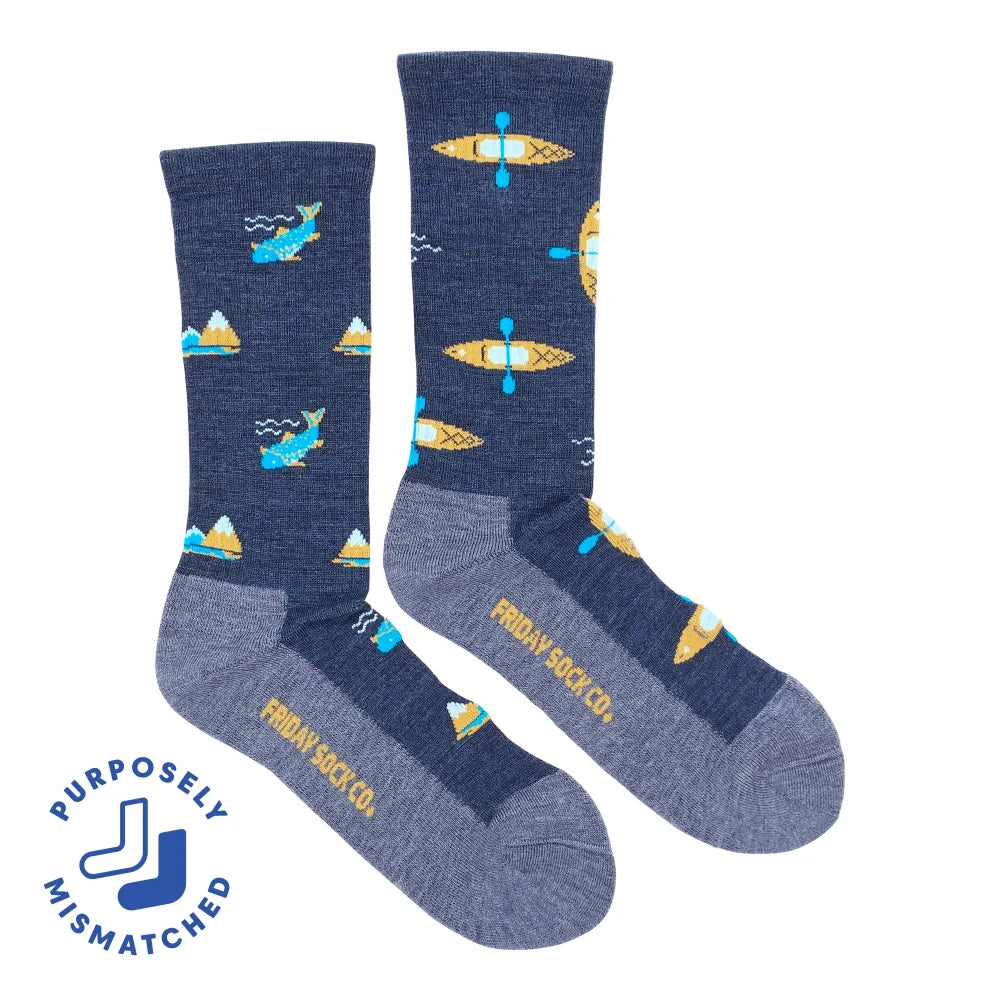 Navy blue merino wool socks with surfboard shark designs for outdoor activity