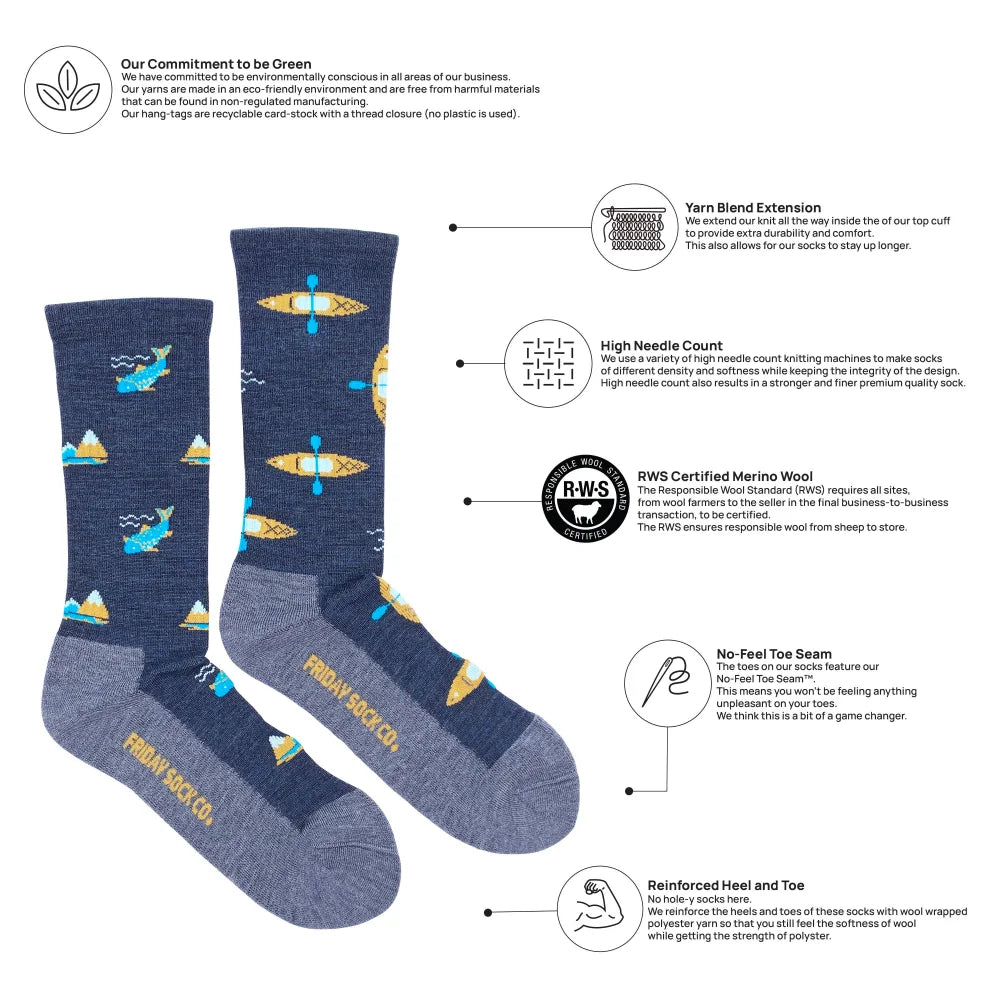 Navy blue merino wool socks with yellow and light blue fishing boat and mountain patterns for outdoor activity