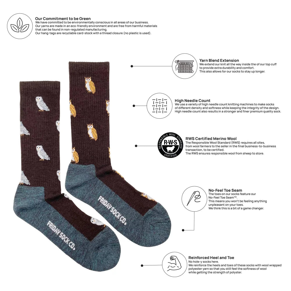 Dark brown men’s merino wool socks with white and light orange owls and teal toe and heel for warmth and breathability