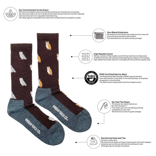 Dark brown men’s merino wool socks with white and light orange owls and teal toe and heel for warmth and breathability