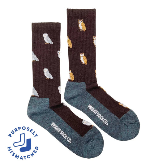 Men’s brown owl-patterned merino wool socks with teal toe and heel by friday sock co warm breathable wool socks gift