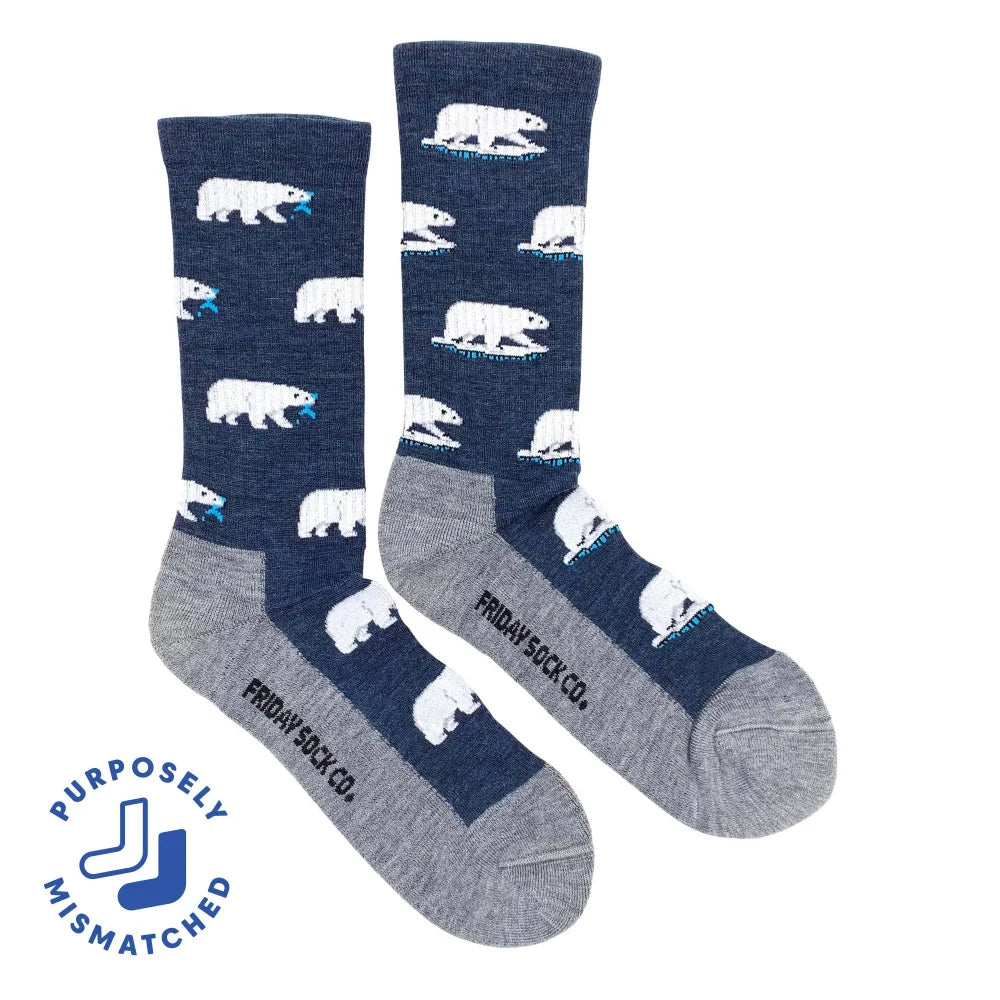 Navy blue men’s polar bear merino wool socks with gray heel and toe perfect all-season wool socks