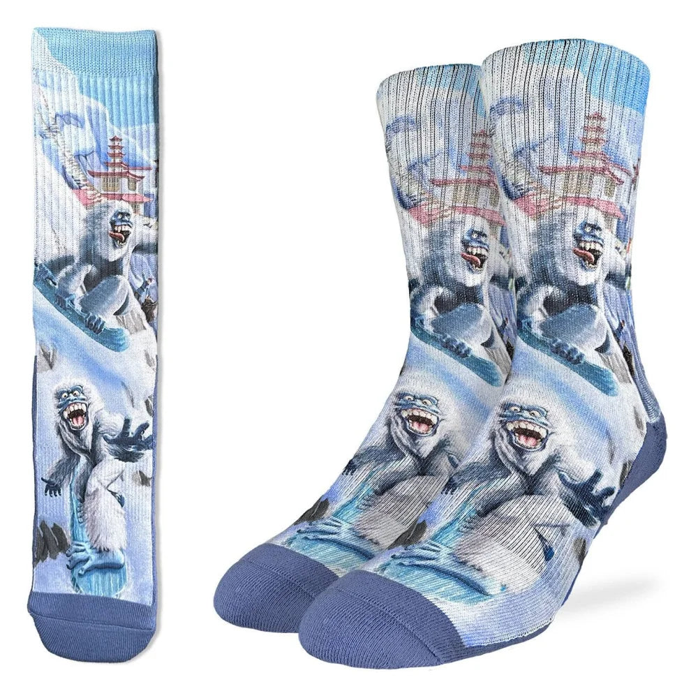 Cozy blue and white Angus Oliver yeti socks with sheepskin winter scene