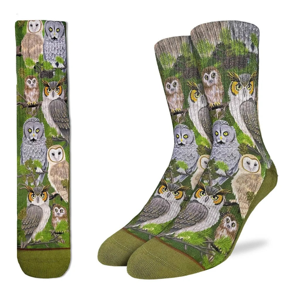 Angus Oliver mens staring owls socks with green brown woodland scenes