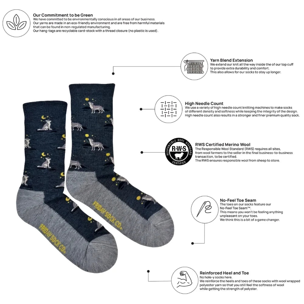 Dark blue men’s merino wool socks with white wolf and yellow moon pattern and gray reinforced heels and toes
