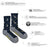 Dark blue men’s merino wool socks with white wolf and yellow moon pattern and gray reinforced heels and toes