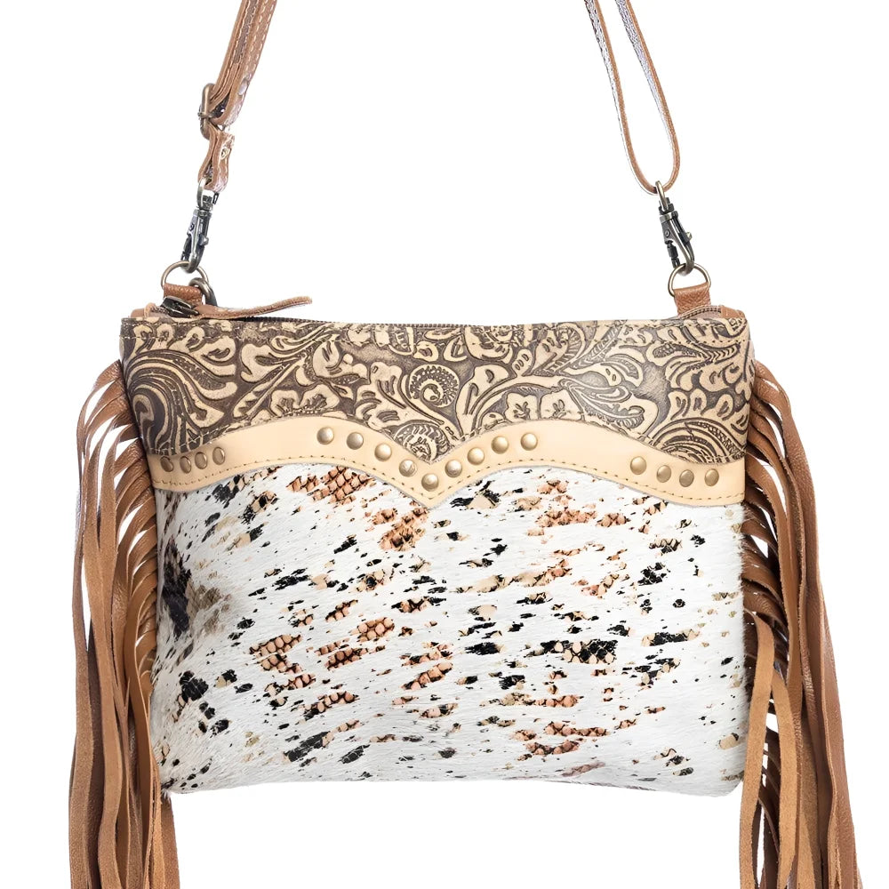 Mescalaro Hill gold fleck hair-on hide cowhide bag with matching leather fringe