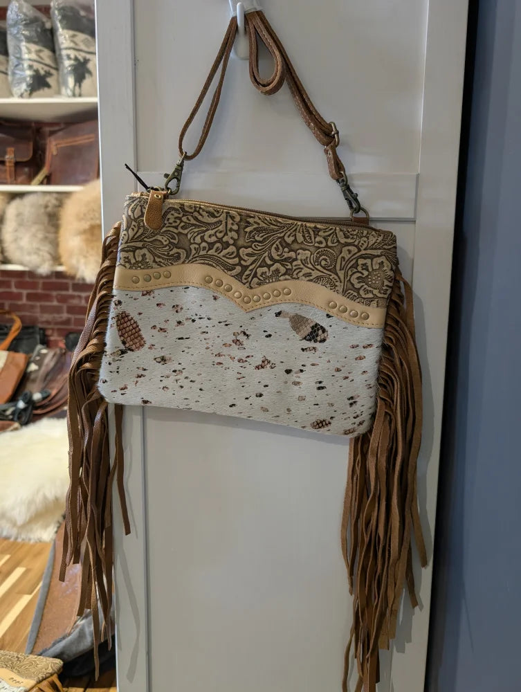 Mescalaro Hill gold fleck bag with tan leather, hair-on hide, matching leather fringe