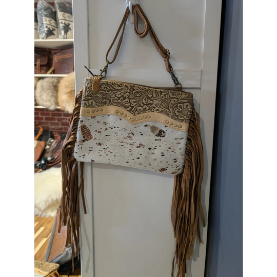 Mescalaro Hill gold fleck bag with tan leather, hair-on hide, matching leather fringe