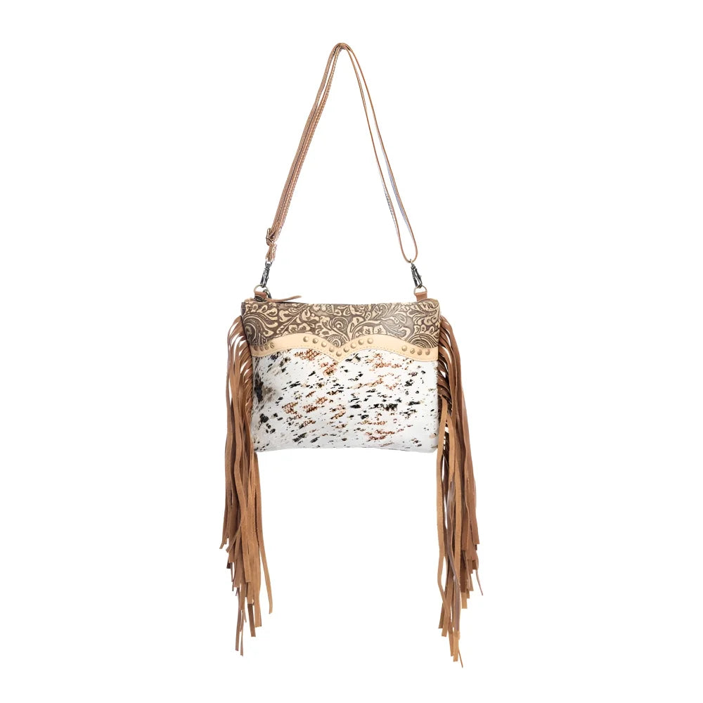 Mescalaro Hill gold fleck bag with tan hair-on hide, matching leather fringe