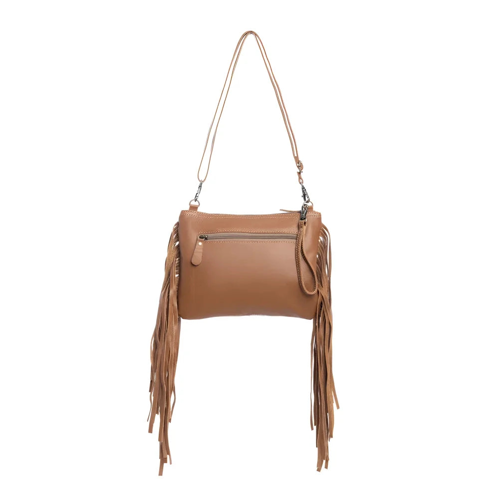 Mescalaro Hill gold fleck bag with tan matching leather fringe and hair-on hide
