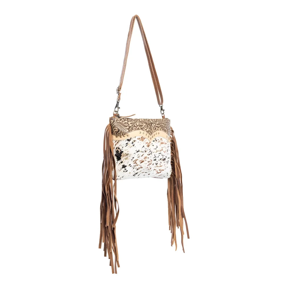 Mescalaro Hill tan leather crossbody bag with hair-on hide front and matching leather fringe