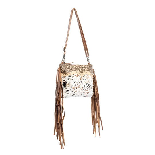 Mescalaro Hill tan leather crossbody bag with hair-on hide front and matching leather fringe