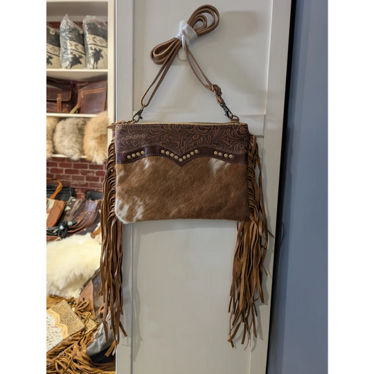 Mescalaro Hill warm caramel hairon bag with brown cowhide fringe