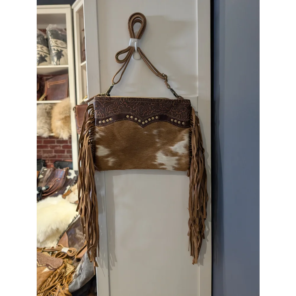 Mescalaro Hill warm caramel hairon bag with tooled cowhide fringe