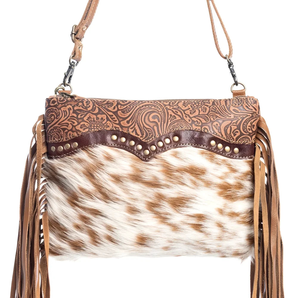 Mescalaro Hill hairon bag in warm caramel, cowhide fringe crossbody