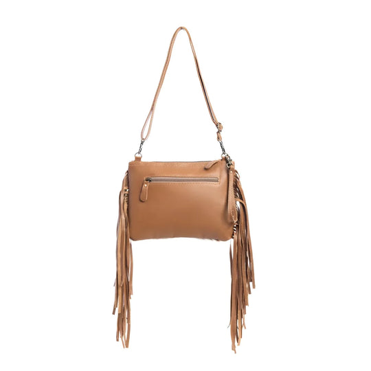 Warm caramel Mescalaro Hill hairon bag with tan leather fringe back