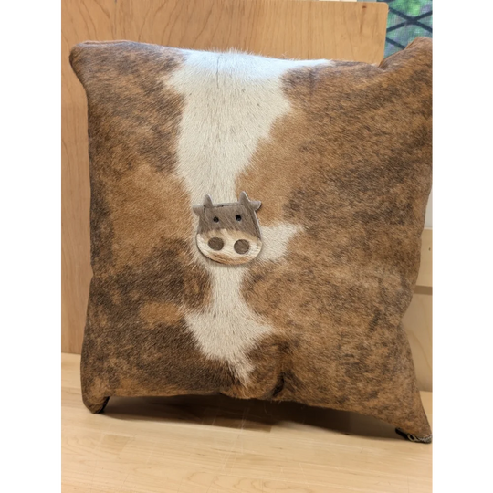 Mini moo double sided cowhide cushion with brown and white cowhide and stitched-on cow face from angus oliver canada