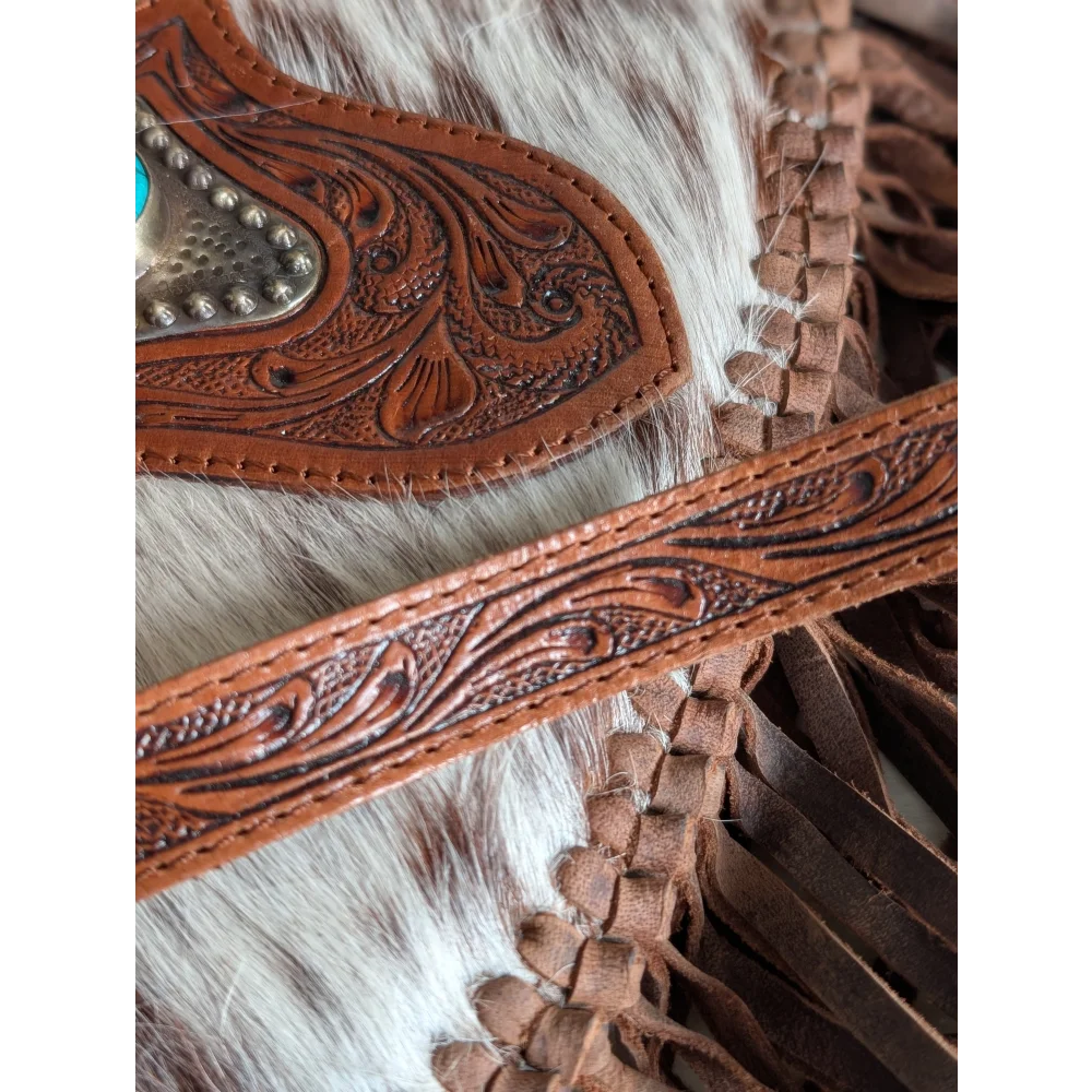 Brown speckled Mojave tassel bag with tooled leather belt strap