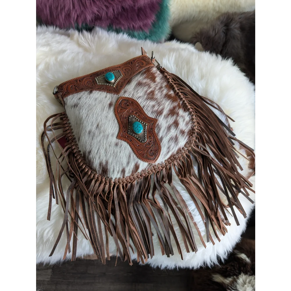 Mojave tassel bag in brown speckled cowhide with turquoise accents