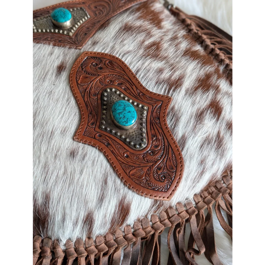 Mojave tassel bag brown speckled hunter leather with turquoise stone