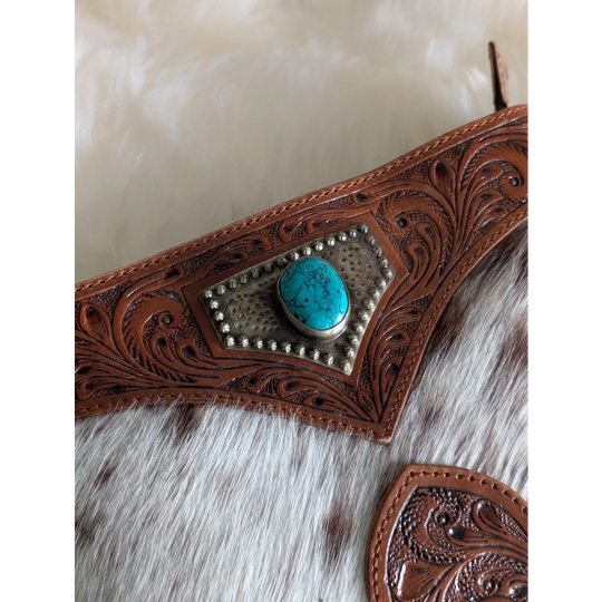 Mojave tassel bag in brown speckled hunter leather with tooled halter