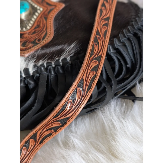 Mojave tassel bag with tan hunter leather floral strap and turquoise stone