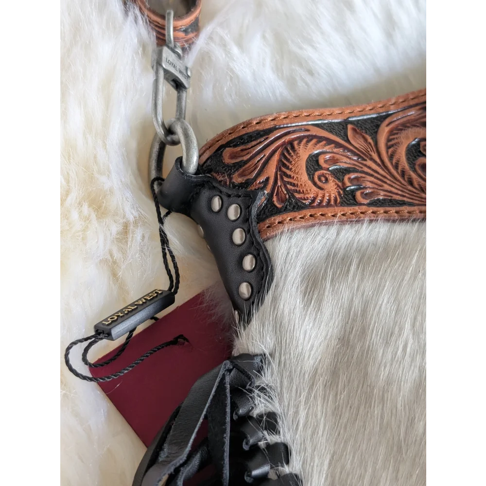 Mojave tassel bag with hunter leather floral tooling and silver hardware