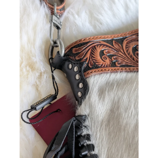 Mojave tassel bag with hunter leather floral tooling and silver hardware